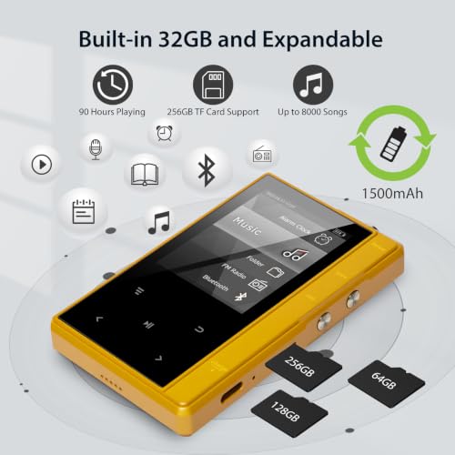 Image of 32GB MP3 Player with 90 Hours Long Battery Life,Bluetooth 5.0,Phinistec Z6 Digital Audio Player with Sturdy and Durable Metal Frame, 2.4'' IPS Glass Screen,FM Radio,Support up to 256GB