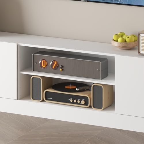FAMAPY Large Entertainment Center with Lights, TV Entertainment Center Media Center with Doors and Shelves, TV Hutch for Living Room White (114.2”W x 11.8”D x 78.7”H)
