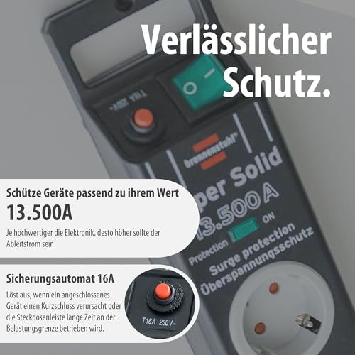 Brennenstuhl Super-Solid, Steckdosenleiste 8-Fach mit Überspannungsschutz (Steckerleiste mit 2,5m Kabel und Schalter, Mehrfachsteckdose aus bruchfestem Polycarbonat) schwarz/grau