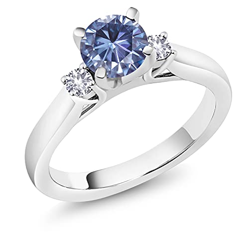 Gem Stone King 925 Sterling Silver Persian Blue Moissanite and White Created Sapphire 3-Stone Engagement Ring For Women (0.90 Cttw, Round 6MM, Gemstone Birthstone, Available in Size 5,6,7,8,9)