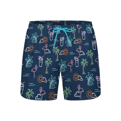 Neon Lights Mens Swim Trunks with Compression Liner 2-in-1 Palm Tree Flamingo Sun Wave Swimming Board Shorts 5 inches Inseam Fashion Funny Stretch Quick Dry Bathing Suits Beach Swimsuit 4 Pockets -L