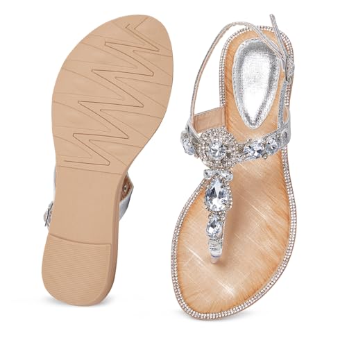Image of iCKER Womens Rhinestone T‑Strap Flat Sandals Adjustable Ankle Strap Jeweled | for Dress,Vacation,Wedding,Party Evening and Formal Special Occasions