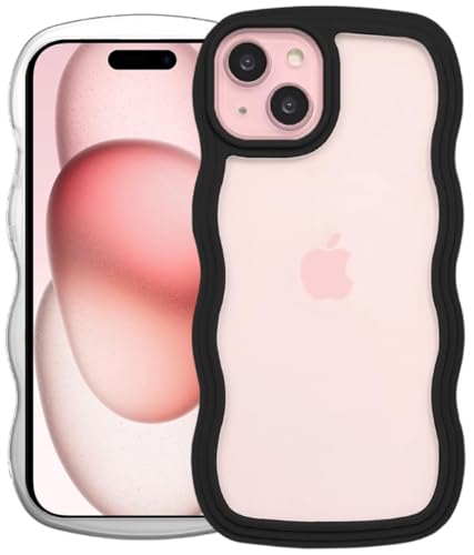 Image of GoldKart iPhone 15 Plus Case Wavy Edge Clear Back Design, Anti-Slip Grip Cute Wave Curly Frame Shape Shockproof Soft TPU & Hard PC Bumper Protective Phone Case Cover for Women Girls - Black