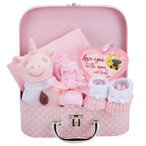 Baby Box Shop - Set de nacimiento para bebé y niña, con regalos para bebés, incluye sonajero para bebé, marco de fotos, ropa de gasa, babero, par de calcetines, par de mitones y gorro Baby Box Shop - Set de nacimiento para bebé y niña, con regalos para bebés, incluye sonajero para bebé, marco de fotos, ropa de gasa, babero, par de calcetines, par de mitones y gorro