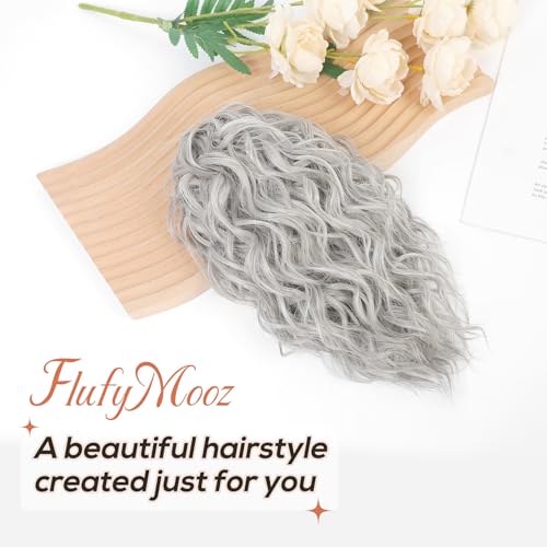Flufymooz Ponytail Extension, 12" Short Claw Ponytail Extension Wavy Curly Jaw Clip in Pony tails Hair Extension Natural Synthetic Hairpiece for Women (Grey/Silver/White Mixed) - Image 3