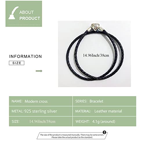 Image of Genuine Black Leather Woven Bracelet with 925 Sterling Silver Heart Cross Clasp Bead Bracelet for Pandora Charms Beads
