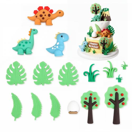 Rovelin 16Pcs Dinosaurs Cake Decoration, 3D Jungle Dino Egg Leaf Tree Décor