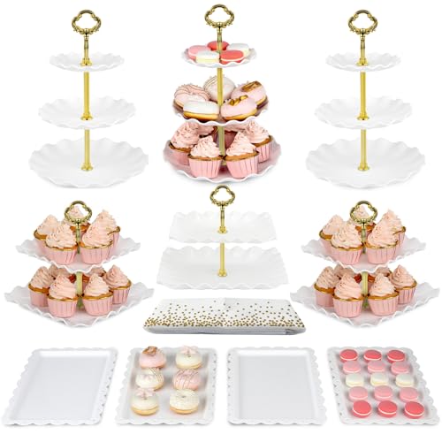 Pack of 10 NWK Cake Stand Set, with 3 x Two-Tier and 3 x Three-Tier Cupcake Stands, 4 x Appetizer Trays, 1 x Tablecloth for Birthday Bridal Baby Shower Party (Gold)