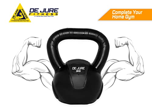 Image of De Jure Fitness PVC Kettlebell 3kg for Men & Women, Strength & Cardio Training, Soft Grip, Crushed Concrete Filled, Full Body Workout Equipment for Home & Gym (Black)