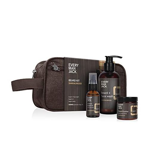 Every Man Jack Mens Sandalwood Beard Set - Perfect for Every Guy - Includes Full-Sized Grooming Essentials - Beard + Face Wash, Beard Oil, Beard Butter + Dopp Bag