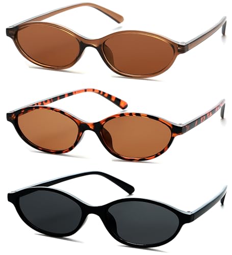 Unning 3 Stück Oval Sonnenbrille Set Damen Vintage Cateye Sonnenbrillen Neon Lustige Schmal Brillen für Damen