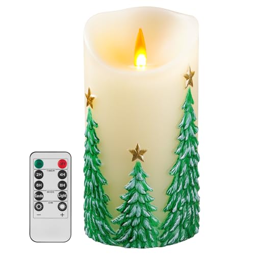 QQFCTOO Christmas Tree Flameless Candles with Flickering Flame - Battery Operated Candles with with Remote Control and Timer - Real Wax - unscented - Home/Holiday Decoration (3 x 6 )