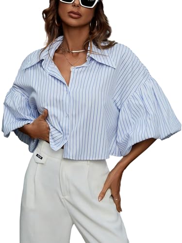 Verdusa Women's Striped Puff Sleeve Crop Blouse Tops Drop Shoulder Button Up Shirts Concert Festival Outfits