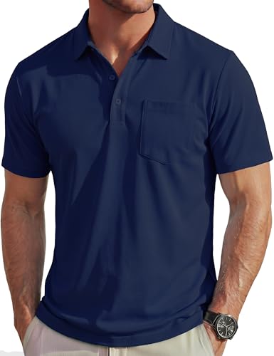 MAGCOMSEN Polo Shirts for Men Short Sleeve Collared Golf Shirt with Pocket Moisture Wicking Quick Dry Performance Navy Polos