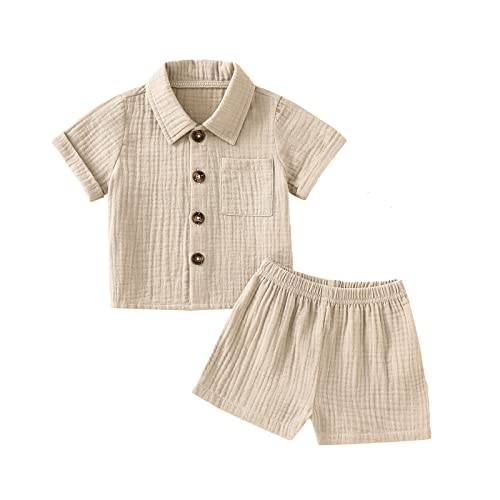 Image of Baby Boys Clothes Set Toddler Infant Boys Button-down Shirt Tops + Cotton Gauze Shorts Summer Outfit 2PCS with Pockets