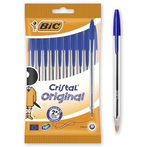 BIC Cristal Original Ballpoint Pens, Every-Day Biro Pens with Medium Point (1.0mm), Blue Ink, Pack of 10