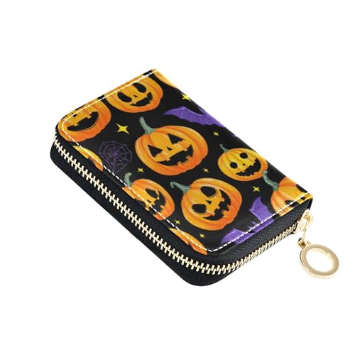 GAIGEO Halloween Pumpkins Bats Black Wallets for Women Zip Around Card Holder Wallets RFID Blocking Compact Coin Purse Pouch with Zipper