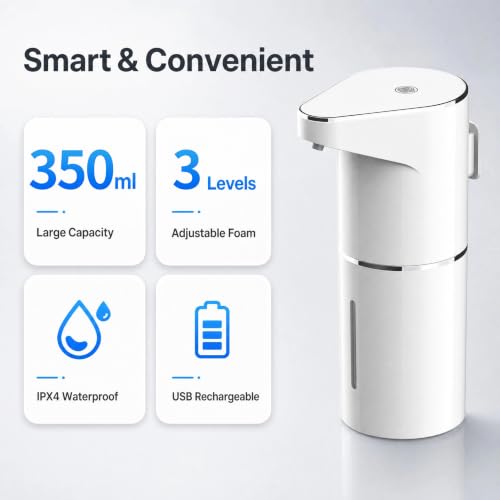 Automatic Touchless Foam Soap Dispenser, 3-Level Adjustable Smart Sensor Hand & Dish Dispenser, USB Rechargeable, 11.84oz/350mL Wall Mounted for Bathroom Kitchen Restaurant - image 2