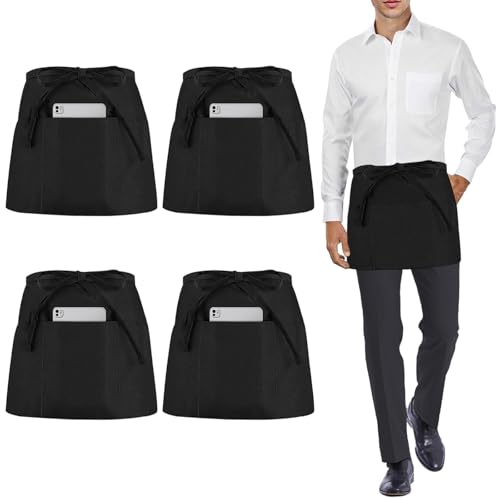 umboom 4 Pièces Noir Tablier de Taille, Courts Cuisine Tablier pour Hommes Femmes Serveuse Chef,...