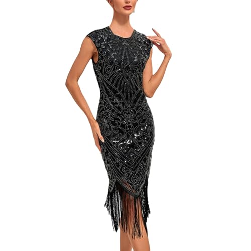 Celanisai Vestido de noche para mujer de los años 20 Charleston, vestido de noche con flecos, lentejuelas, vestido de graduación, con flecos, lentejuelas, O Silver, S
