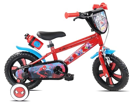 Vélo 12" Spiderman de Marvel/Disney - 1 Frein - Pignon Fixe - Pneus Increvables EVA - Roues Bâtons - Plaque - 2 Stabilisateurs - Garde Boue - Carter de Protection - Bidon arrière