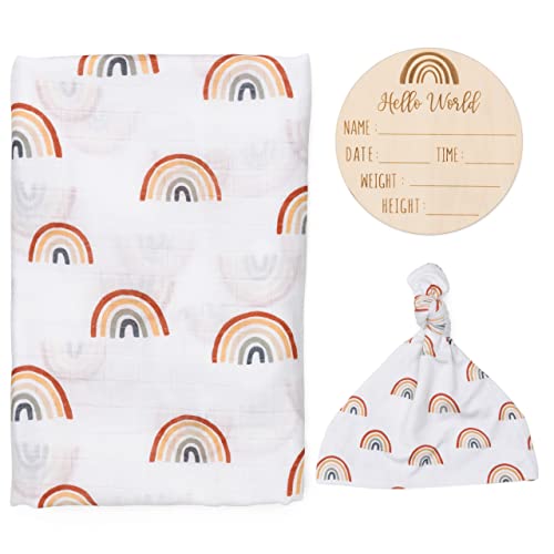 Image of Organic Swaddle Blanket and Hat Set - Baby Receiving Blanket Neutral - Soft Organic Cotton and Bamboo Muslin Swaddle Blanket, Boho Rainbow, Birth Announcement Card, 47" x 47"