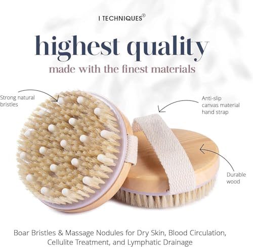 Image of KIMEE Premium Dry Body Brush for Lymphatic Drainage & Cellulite Reduction - Natural Boar Bristle Exfoliating Scrubber with Massage Nodes - Skin Tightening & Circulation Booster for Smoother, Glowing Skin