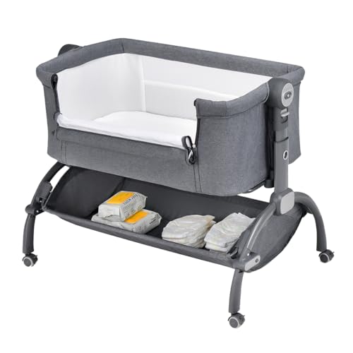 GOPLUS Cuna de Colecho para Recién Nacido, 0-6 Meses, Cama para Bebés con Colchón y Mosquitera, Altura Ajustable, Cuna Lateral Portátil con Ruedas y Bolsa de Transporte, Doble Cierre (Gris)