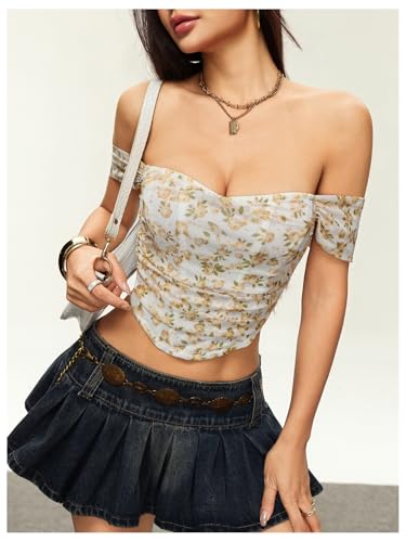 Image of Floerns Women's Off Shoulder Short Sleeve Asymmetrical Hem Ruched Corset Crop Top