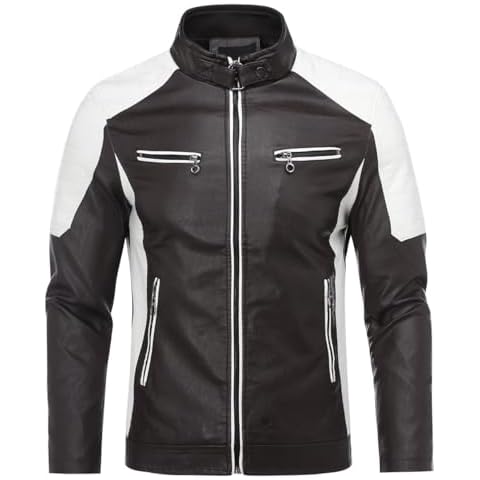 AOWOFS Men's PU Faux Leather Jacket Bomber Motorcycle Punk Plus Velvet Stitching Color Stand Collar Jacket Cover