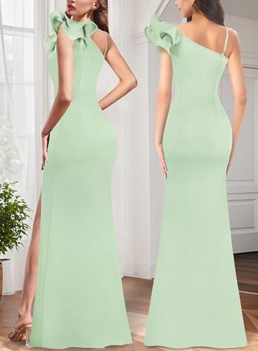 Image of VFSHOW Womens Ruffle One Shoulder Strap Ruched Formal Prom Wedding Maxi Dress V Neck Elegant Split Cocktail Evening Long Gown