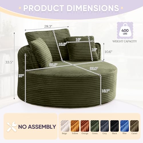 Image of Antetek 53.5-inch Round Chair, Modern Accent Corduroy Comfy Deep Seat Boneless Foam Floor Single Circle Chaise Sofa Chair with 3 Pillows for Living Room Bedroom Office, No Assembly Required, Green