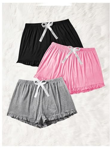 Image of Milumia Women's Plus Size Pajama Shorts Ruffle Hem Sleep Lounge Pj Shorts | 3 Pack,Elastic Waist ,Stretchy,Comfortable,Home Living,Sleepwear