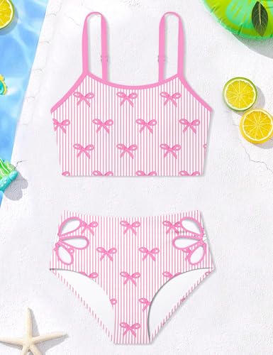 Image of Girls Tankini Swimsuit 2 Piece Bathing Suit Twist Cross Back Cutout Swim Tank Top Floral Print Swimwear for 7-18Y