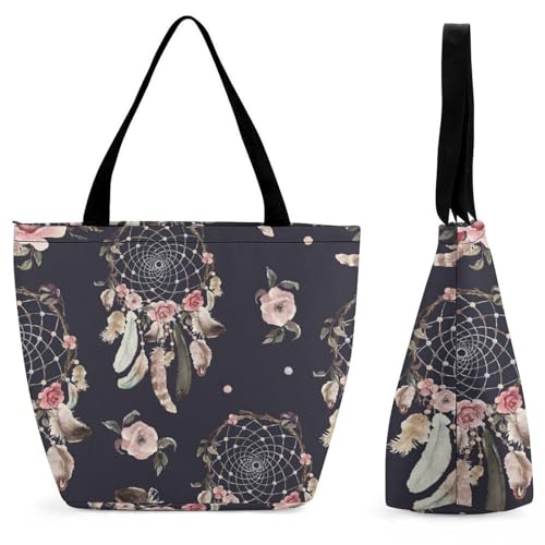 Sac de shopping pour voyage motif attrape-rêves fleurs grand format 32.5cm