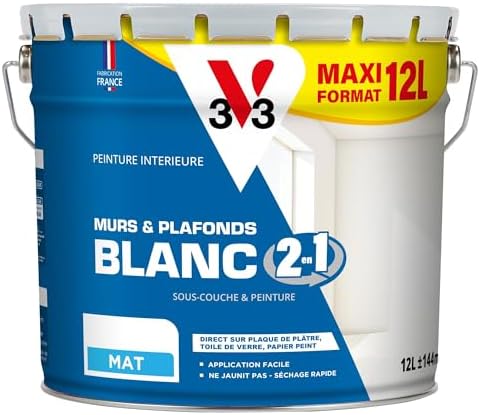 V33 Peinture blanche mur et plafond mat, BLANC 2 EN 1, 12L