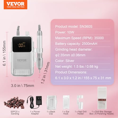 Image of VEVOR High-Torque Electric Cordless Nail Drill, Rechargeable Nail E File Machine 35000PRM Brushless Motor with 6 Bits & 50PCS Sanding Band for Acrylic Gel Nails, Portable Manicure Pedicure Tool
