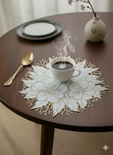 Image of Dining Table Mat and Runner Set for Home Kitchen Reusable Placemat Combo Set for Everyday Dining Use and Table Setup (Luxury Floral Design Table mat + Modern ractangle Table Runner, Pack of 9 (8+1))