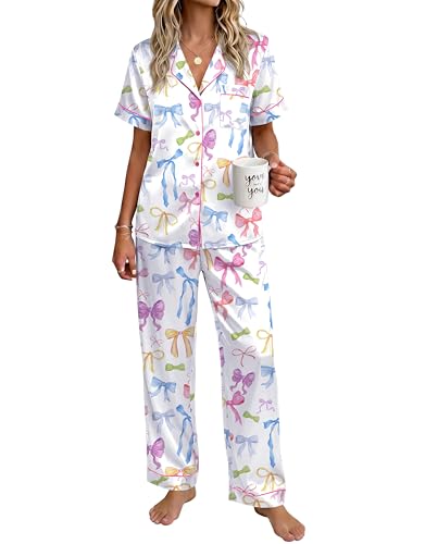 Ekouaer Womens Silky Satin Pajamas Set Short Sleeve Button Down Sleepwear 2 Piece Lounge Set Pj Set Colorful Bow Knot Large
