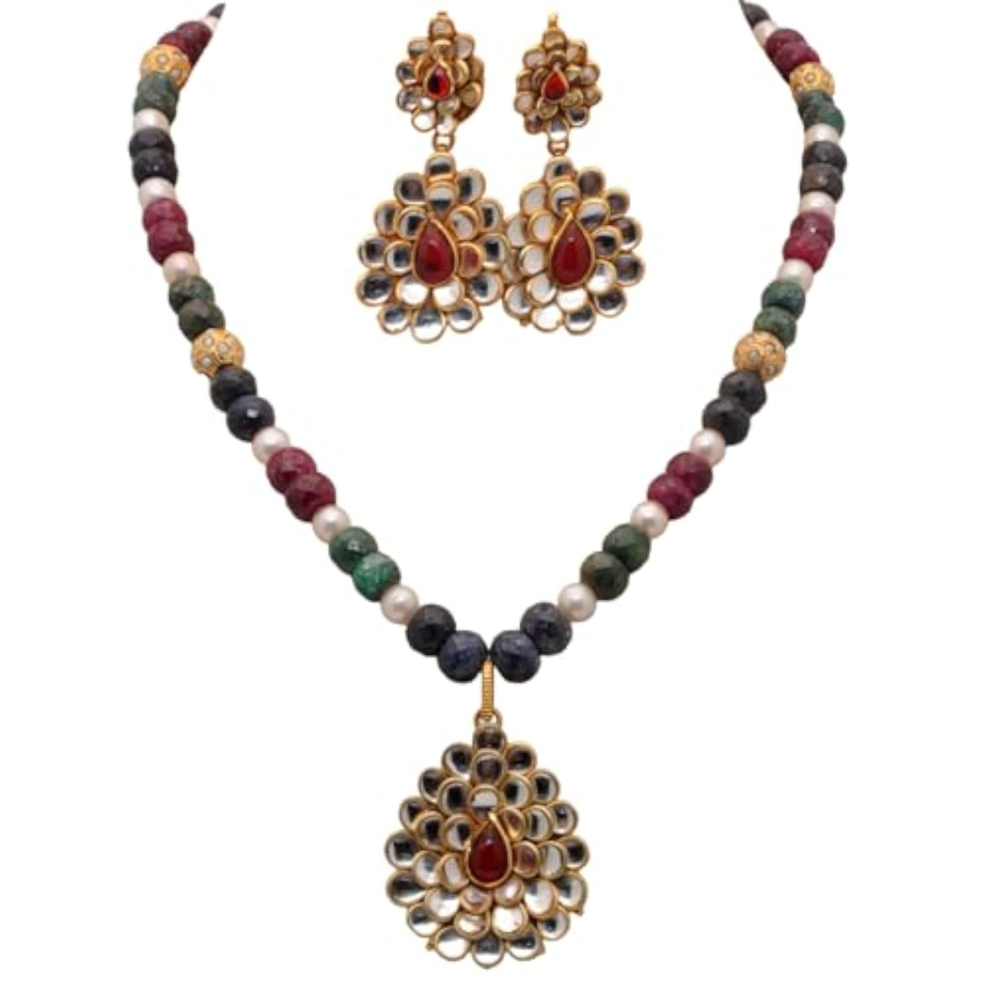 Jaipur Pearl & Multi Color Stone Studded Pendant & Earring Set