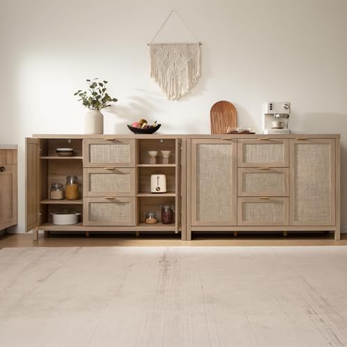 Image of SICOTAS 52 Inch Sideboard Buffet Cabinet with Storage, Rattan Credenza | Farmhouse Boho Coffee Bar Cabinet Storage Cabinet with 3 Drawers, Console Table for Living Room, Kitchen, Hallway