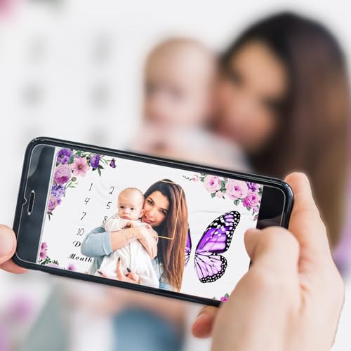 Image of Chumia Baby Monthly Milestone Blanket for Girl 59 inch x 39 inch Floral Butterfly Photo Prop Blankets Baby Age Milestone Blanket with 2 Felt Floral Wreath Frame