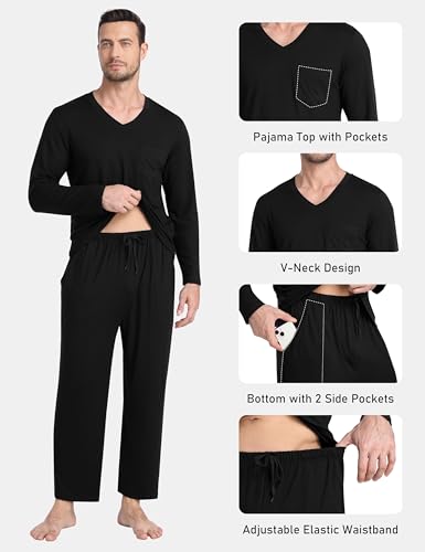 MoFiz Mens Pajamas Plaid Sets Sleepwear Sleep Long Sleeve Shirts and Pants Pajama Set Soft Mens Pjs Lounge Set with Pockets4