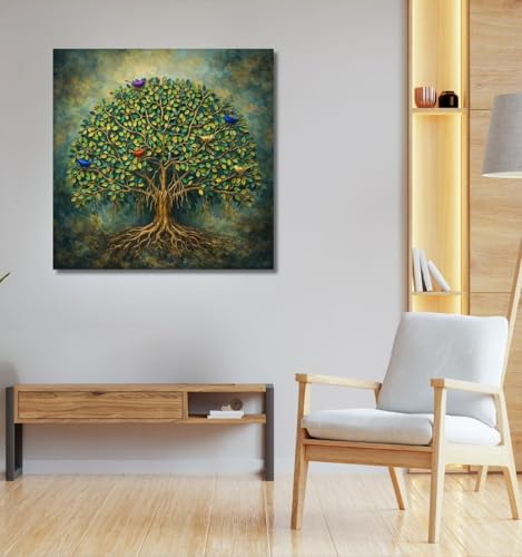 Image of Kunj Cart Kalpavriksha Tree Painting | 8+ DESIGNS | Kalpvriksh Tree Wall Painting | Lucky Tree Wall Art For Living Room, Bedroom and Office Decor | Canvas Painting for Wall Decoration (Design - F, 12x12 Inch, Framed)