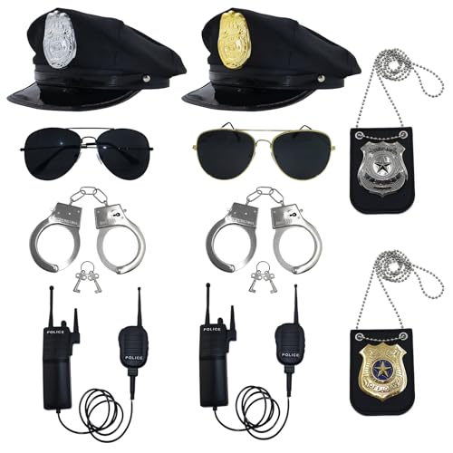 Airsnigi 10 Pcs/2 Set Police Costume Accessories with Police Hat Walkie Talkies Badge Sunglasses Officer Theater Dress Up for Theme Party Halloween