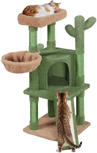 Yaheetech Árbol Rascador para Gatos Verde Cactus 42,5x42,5x106,5cm Torre para Gato Árbol para Mascota Estable de Varios Niveles con Canasta Verde y Marrón