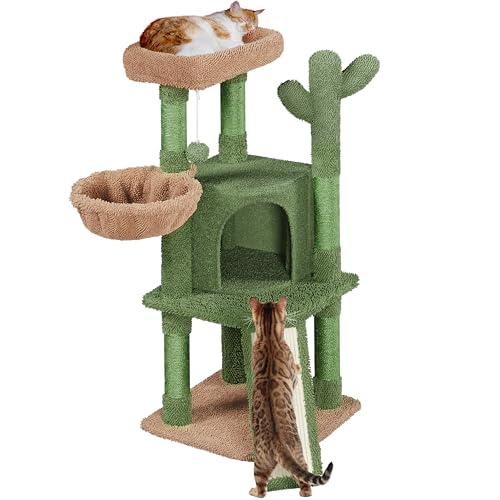 Yaheetech Árbol Rascador para Gatos Verde Cactus 42,5x42,5x106,5cm Torre para Gato Árbol para Mascota Estable de Varios Niveles con Canasta Verde y Marrón