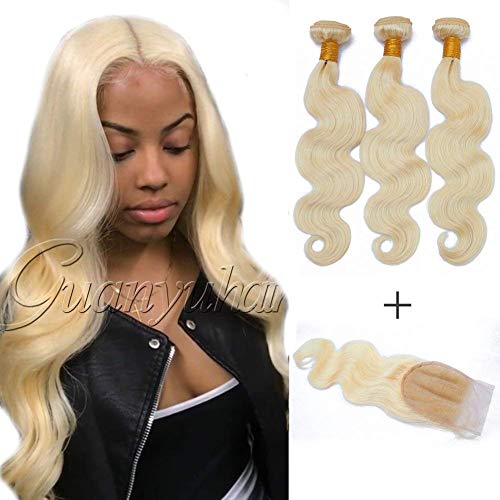 Guanyuwigs Blonde Bundles With Closure Brazilian Virgin Remy Human Hair Body Wave 3 Bundles and 4x4 Lace Closure #613 Color(10+12 14 16)