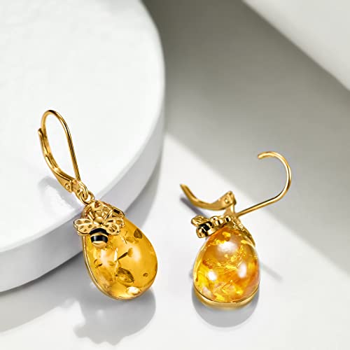 Amber Bee Leverback Earrings For Women 925 Sterling Silver Bee Jewelry Gifts #TOP2