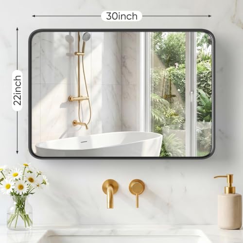 Image of NEWBULIG 22 inchx30 inch Wall Mirror, Bathroom Mirrors for Over Sink, Black | Matte Metal Framed Vanity Mirror with Tempered Glass, Entryway, Living Room, Bedroom
